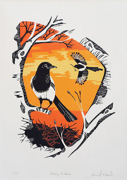 'Making it Home' Magpie Lino print - Sinéad Woods